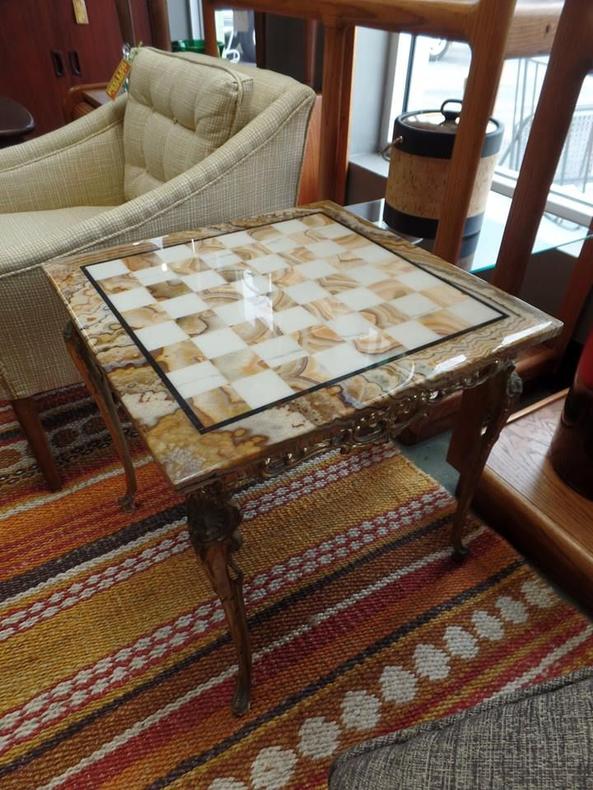 Vintage agate chessboard side table with gold base