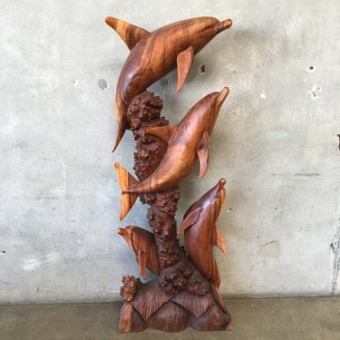 Large Teak Wood Carved Dolphin Statue