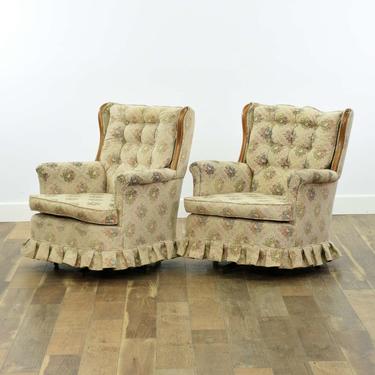 Pair Of Floral Wingback Swivel Armchairs