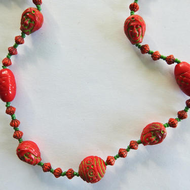 Egyptian Revival Red Czech Glass Heads Necklace Max Neiger 