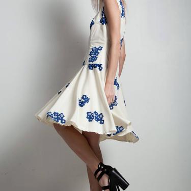 vintage 60s drop waist swing dress cream blue floral scoop back sleeveless MEDIUM M 