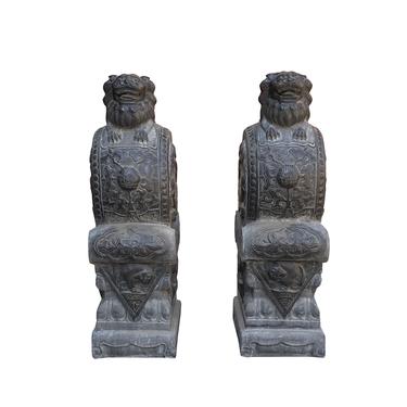 Chinese Pair Black Gray Stone Fengshui Foo Dogs Drum Statues cs7219E 