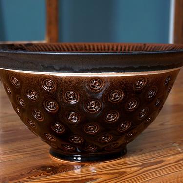 Studio Pottery Bowl Tenmoku Medallion Stamp Geometric Contemporary Art Ceramics 