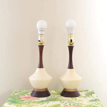 vintage pair of Mid century ceramic and wood lamps 