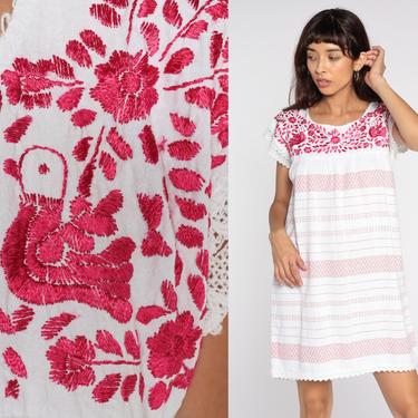 Mexican Embroidered Dress White Mini Boho Cotton Tunic Hippie Floral Bohemian Pink Vintage Embroidery Traditional Small S 