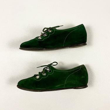 1940s Golo Of Dunmore Emerald Green Suede Hidden Wedge Shoes / Cut Outs / Lattice / Lace Up / Leather / 1940s / Oxfords / Solid / Heel / 8 