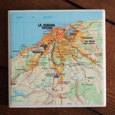 1979 Havana Cuba Vintage Map Coaster - Ceramic Tile - Repurposed 1970s Reader's Digest Atlas - Handmade - Caribbean - Cuban Decor 