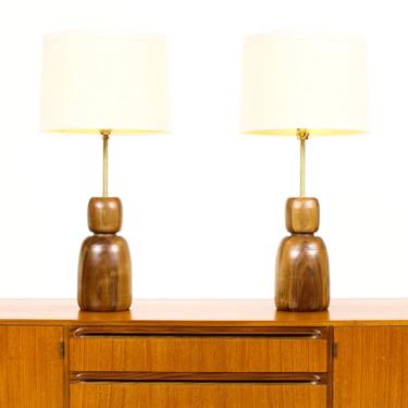 Studio Craft Walnut Table Lamps — Lathe Turned with Brass Detailing — Pair — TL3 