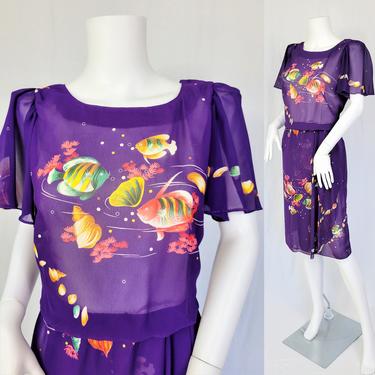 Esprit 1980's Fish Print Purple Blouson Wrap Dress I Sz Med I Novelty Print 
