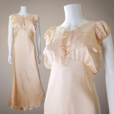 Vintage 40s Silk Nightgown, Medium Large / 1940s Peach Slip Dress Lingerie / Keyhole Lace Bust Bias Cut Gown / Empire Waist Long Nightgown 