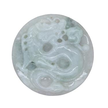 Green Jade Chinese Carved Zodiac Dragon Medallion Feng Shui Pendant k322NE 