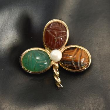 50's Burt Cassell chrysoprase carnelian tiger eye scarabs & pearl in 12k GF gold filled metal Egyptian Revival clover pin 