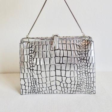Vintage 1960's Mod Silver Black  Mock Croc Embossed Leather Structured Purse Convertible Clutch Evening Cocktail Party Andrew Geller 