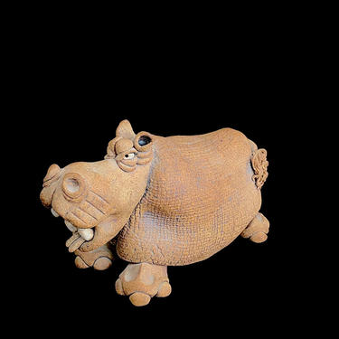 Vintage 1970s Modern Studio Art Pottery Sculpture of Whimsical Hippo Hippopotamus Artist Signed 