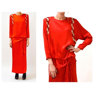 Vintage Red Silk Dress Size Medium Beaded Flapper Inspired// Vintage Red Silk Flapper Dress Beaded 80s does 20s Red Silk Dress Medium 