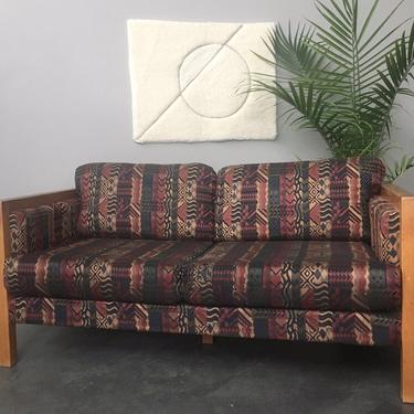 vintage mid century modern loveseat in graphic print upholstery