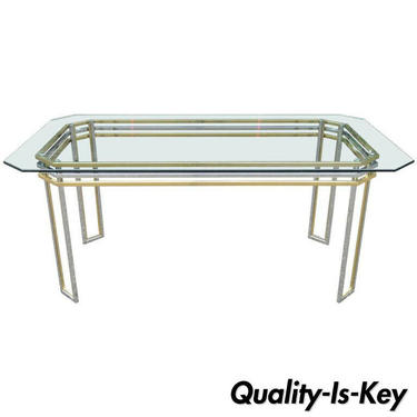 Mid Century Modern Romeo Rega Style Brass Chrome Glass Top Desk or Dining Table