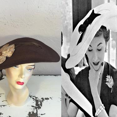 Want Ads for a Stylish Woman - Vintage 1940s 1950s Pecan Brown Long Slender Wide Brim w/Velvet Floral 