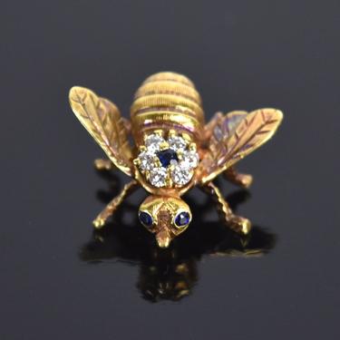 Vintage Estate 18k Solid Gold Diamond Sapphire Bumble Bee Pin Brooch 