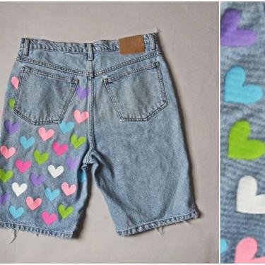 vtg 90s Blues Club pink + green  hearts hand painted blue denim shorts | old school 1990s colorful size 34 womens jeans summer high waist 