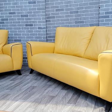 Vintage Deco Style Sofa & Armchair Set in a Canary Yellow Leather with Black Trimmed Welt Piping - 2 Piece Set