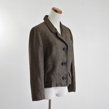 Vintage Womens 60s Jacket, 1960s Blazer, Brown and Black Dots, Sailor Buttons, Office Wear Preppy Jacket, Medium 