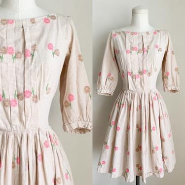 Vintage 1950s Gingham & Floral Day Dress / S 