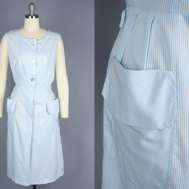 1960s Blue &amp; White Striped Sundress | Vintage 60s Sleeveless Summer Dress with Large Pockets | Medium 