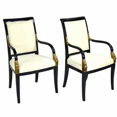 Vintage Pair Drexel Heritage Neoclassical Empire Lacquered Chairs Carved Dolphins 