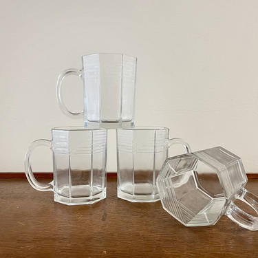 Set of 4- Vintage Arcoroc USA Clear Etched Octime Octagon Mugs, MCM Retro Kitchen 
