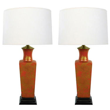 Good Pair of Chinese 1960's Red-orange Glazed Lamps with Gilt Decoration