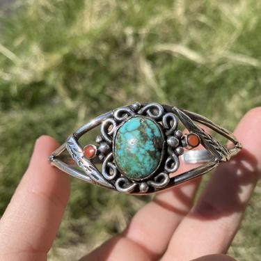 Vintage Turquoise & Coral Sterling Cuff