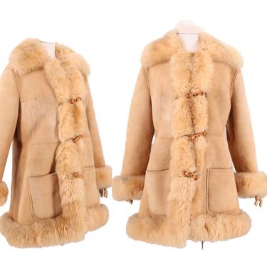 70s PENNY LANE beige suede &amp; shearling trim coat L / vintage 1970s toggle almost famous sheepskin COAT fur jacket xl 