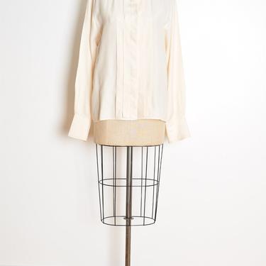 vintage 90s top BURBERRY cream silk tuxedo blouse shirt button up L XL french cuffs clothing 