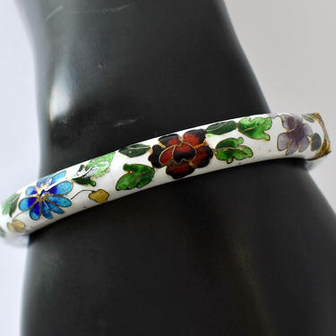 60's hand painted cloisonne flowers &amp; leaves hinged boho bangle, elegant porcelain enamel and gold plate metal floral stackable bracelet 