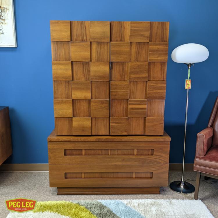 Mid-Century Modern walnut two-piece brutalist armoire