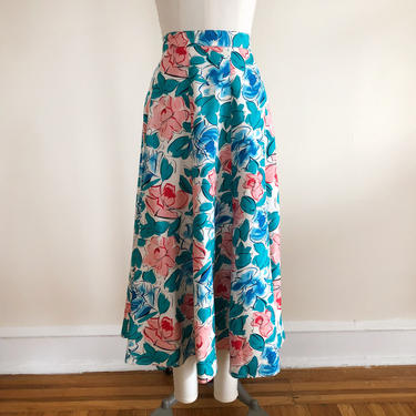 Blue and Pink Floral Print Silk Midi Skirt - 1980s 