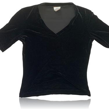 90s Velvet V Neck Black Short Sleeve Top // Size Medium // Morgan Sport 