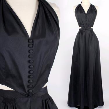 FEMME FATALE... vintage 1940’s black taffeta vampy formal halter party dress 
