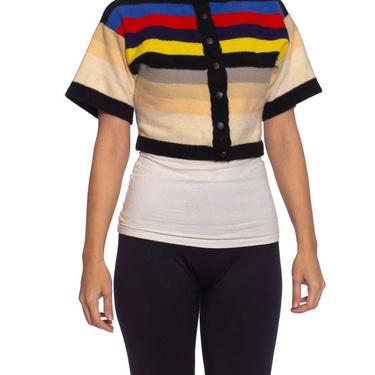 1980S Sonia Rykiel Boiled Wool Knit Stripe Short Sleeve Cropped Sweater 