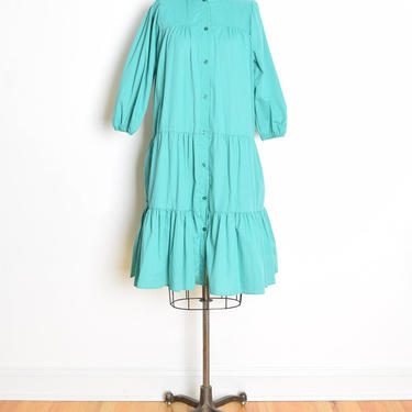 vintage 70s dress green tiered babydoll prairie trapeze mini dress M L clothing 