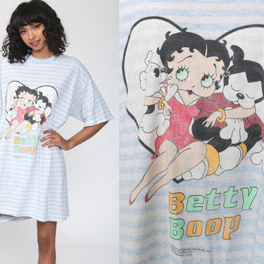 Betty Boop TShirt Dress 90s Shirt Pajama Top Striped Nightie Cartoon TShirt Graphic Dog Puppy Print Nightgown 1990s Vintage Medium Large xl 