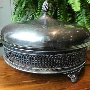 Vintage Silver Covered Serving Dish with Pyrex Insert 