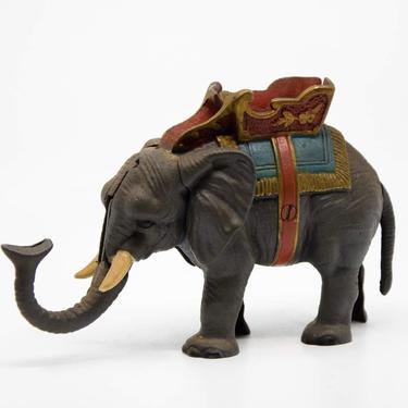 Vintage Hand-Painted Cast Iron Circus Elephant Mechanical Coin Bank 