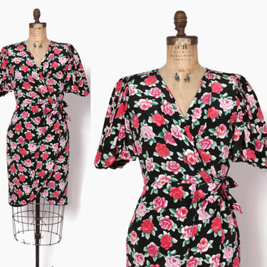 Vintage 80s Nipon Silk Dress / 1980s Puff Sleeve ROSE Print Dress by luckyvintageseattle