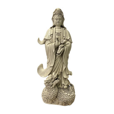 Oriental Vintage Finish Off White Ivory Color Porcelain Kwan Yin Statue ws1444E 