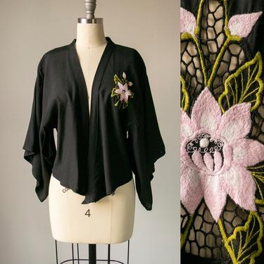 1970s Crop Kimono Top Embroidered Tie Shirt S 