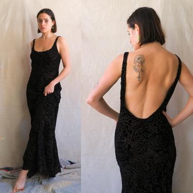 Vintage 90s Burnout Velvet Backless Gown/ 1990s Bias Cut Black and Copper Dress/ Size Medium 