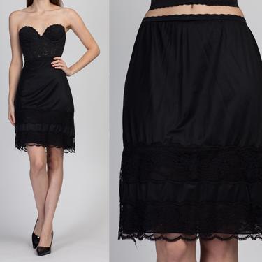 70s Black Mini Skirt Slip - Medium | Vintage Lace Trim Lingerie Miniskirt 