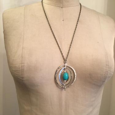 1960s mod necklace, faux turquoise necklace, vintage 60s necklace, Long chain and pendant, retro necklace, circle pendant 